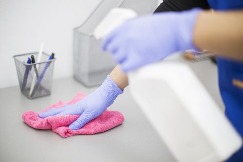 Cleaner using eco-friendly products and protective gloves