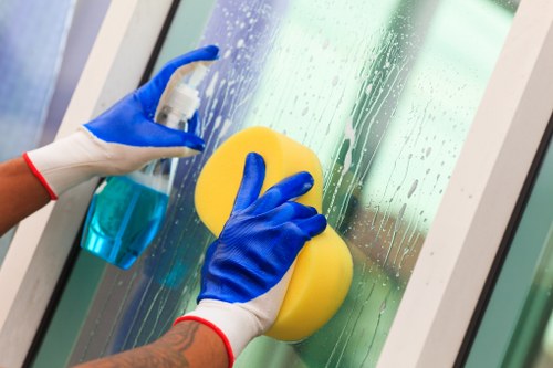 Professional cleaners tidying a modern living room